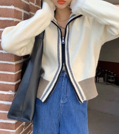 Cardigan zippé à capuche contrasté